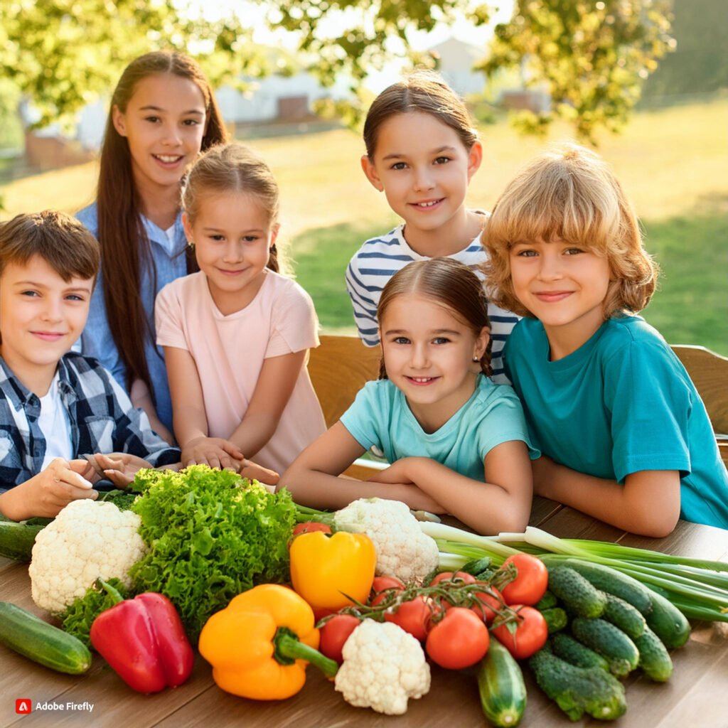 Firefly Smiling children gathered around a table with a variety of vegetable skewers 77107