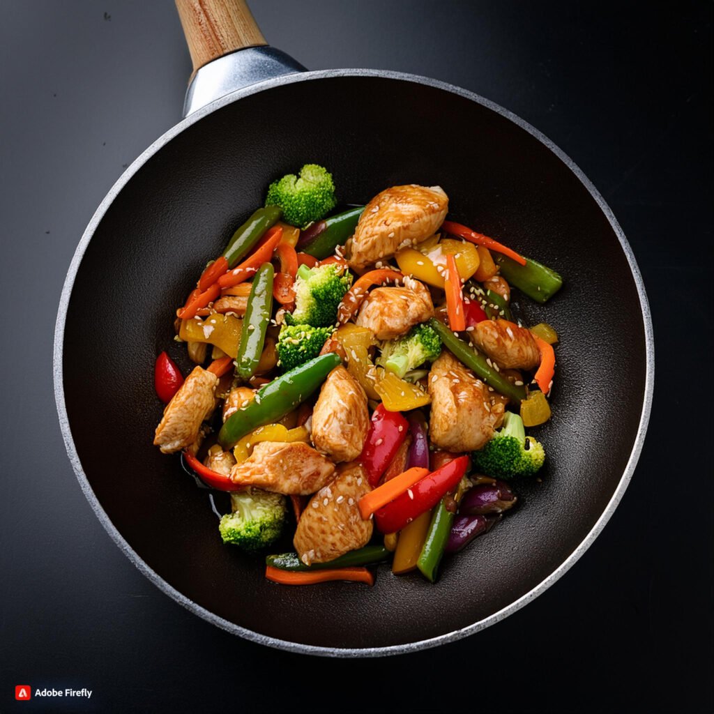 Firefly Wok filled with chicken pieces, colorful vegetables, and a light soy sauce 45654